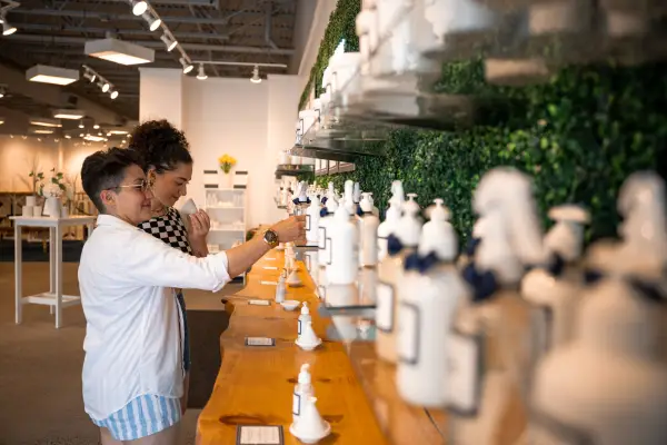 Two women shop for lotions.